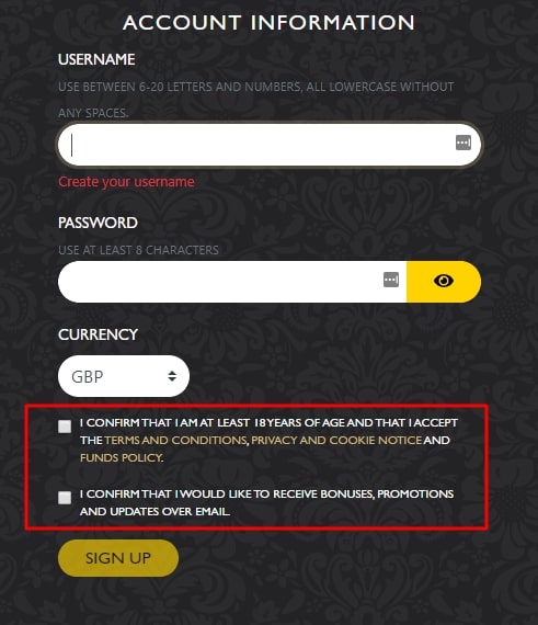 Grand Ivy Casino Sign Up form