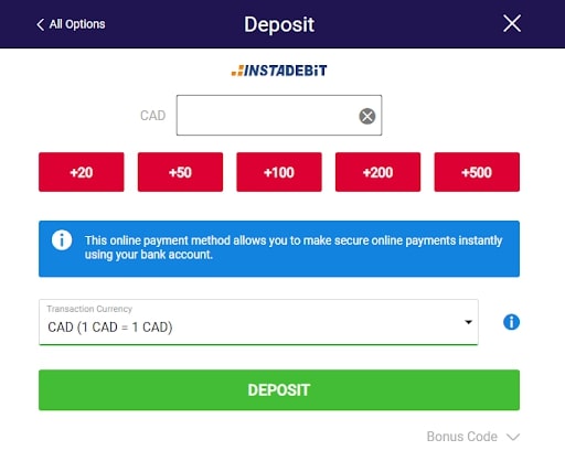 Instadebit Deposit Screen