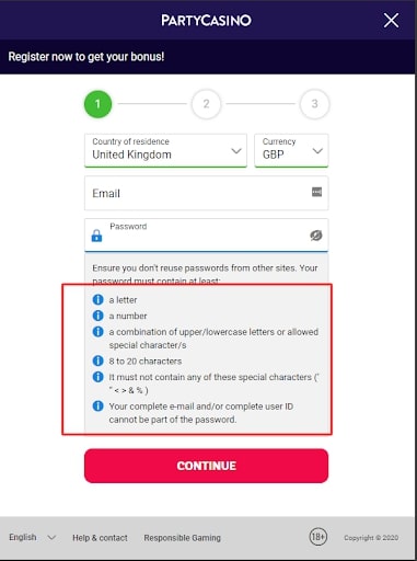 Party Casino Registration Form