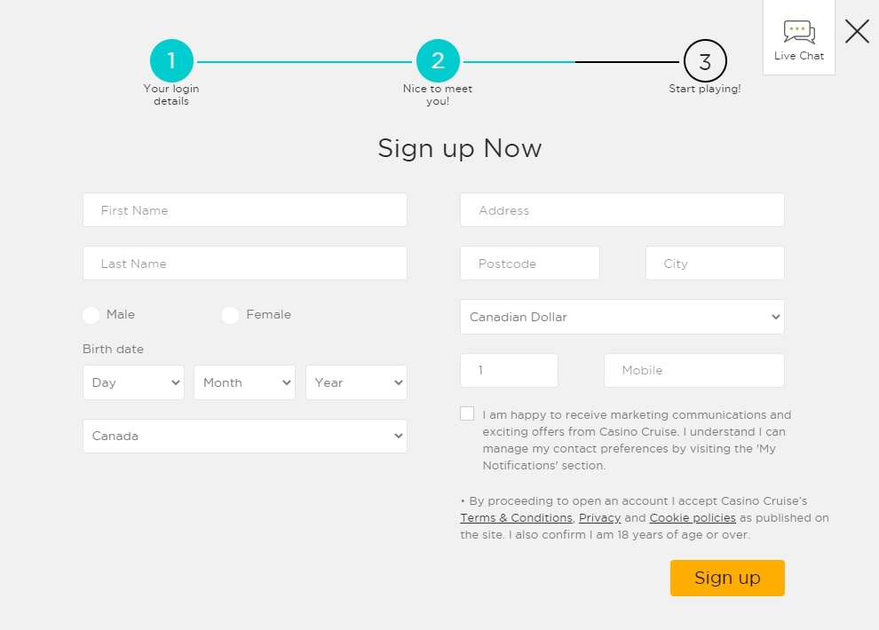 Cruise Casino registration page 2