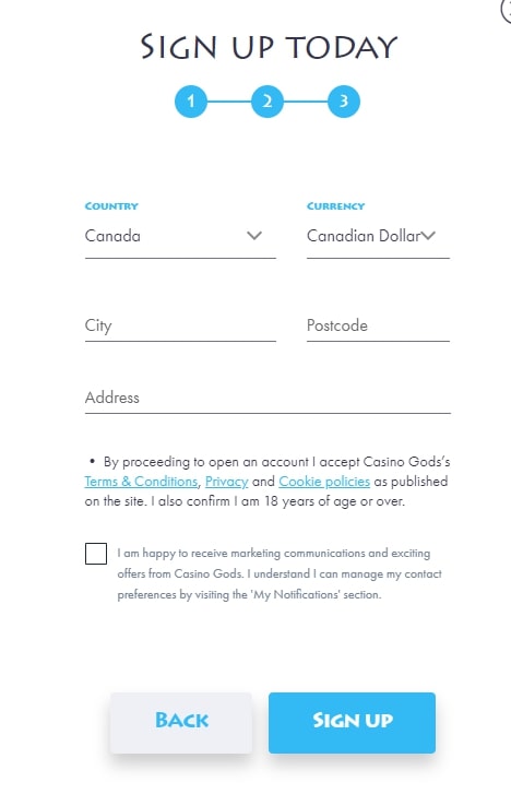 Casino Gods registration page 3