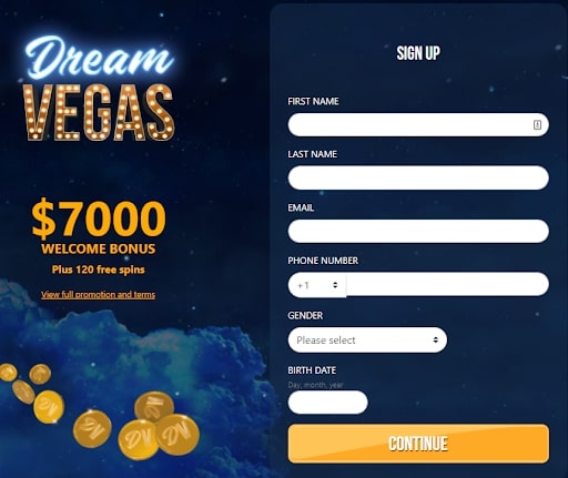 Dream Vegas Casino registration page