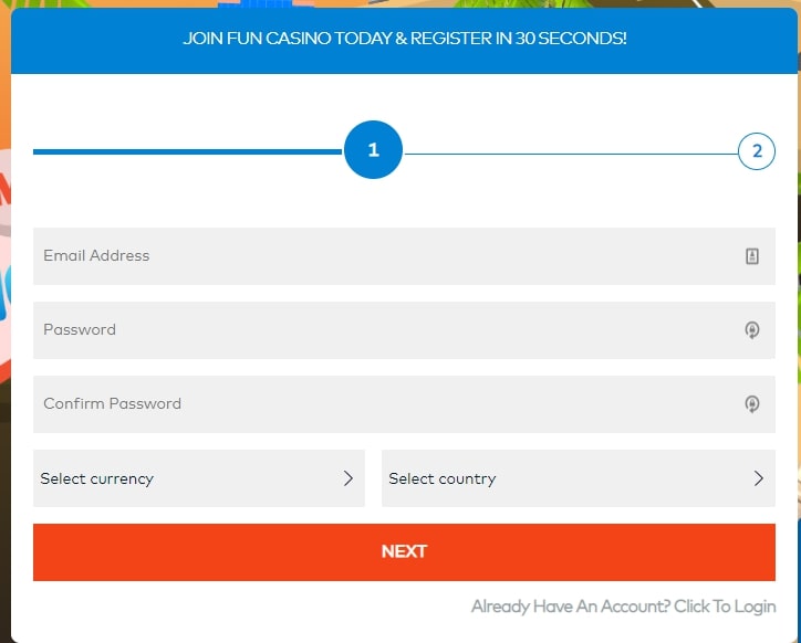Fun Casino registration page