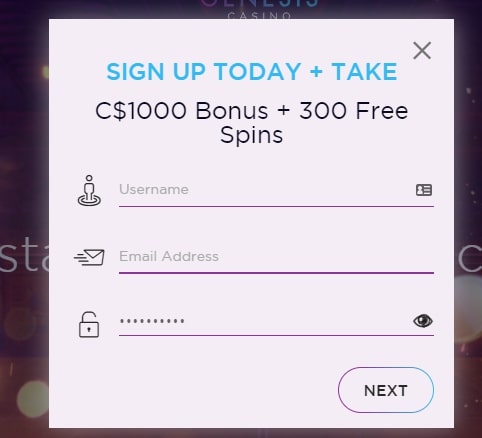 Genesis Casino registration page