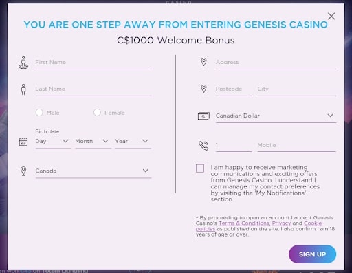 Genesis Casino registration page 2