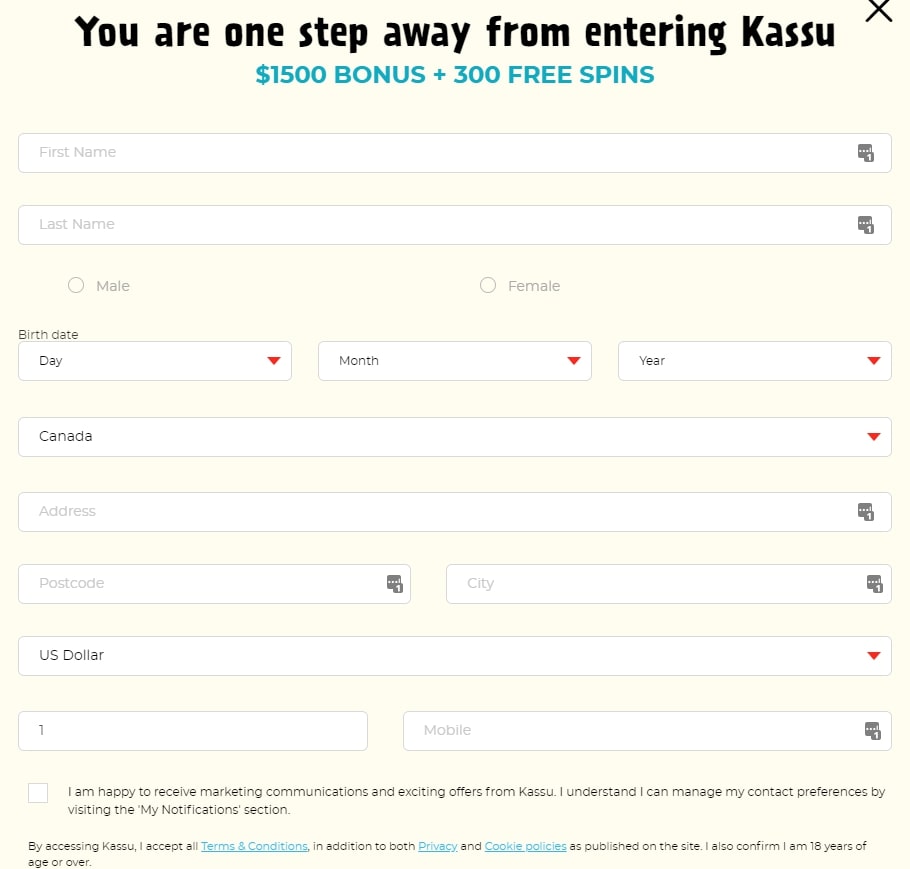 Kassu Casino registration page 2