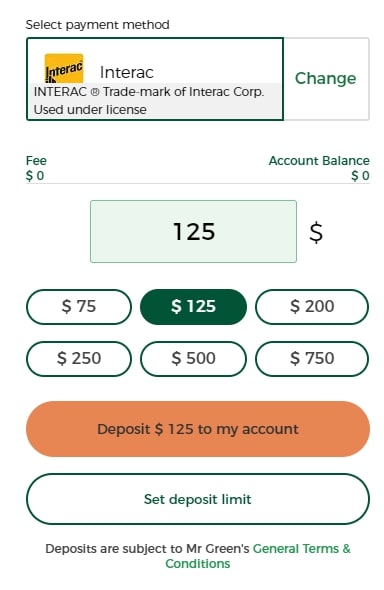 Mr Green Casino cashier screen