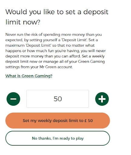 Mr Green Casino deposit limit screen