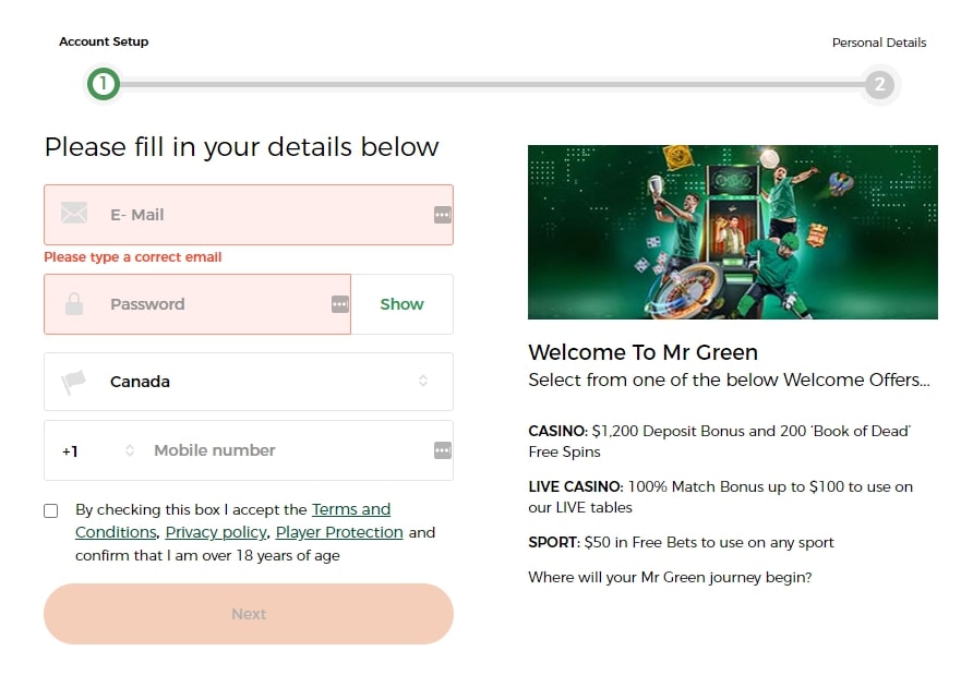 Mr Green Casino Registration page