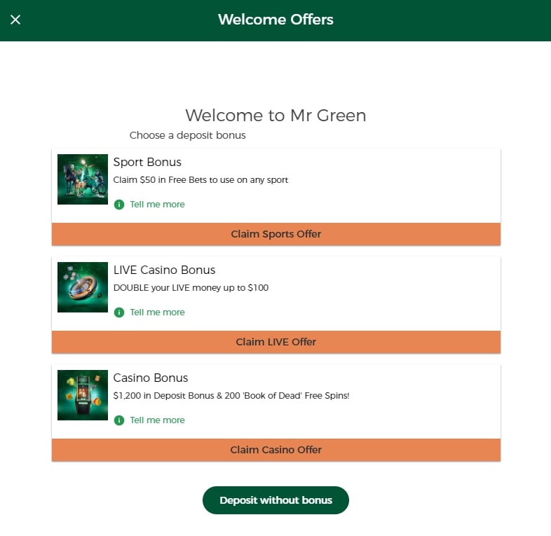 Mr Green Casino welcome screen