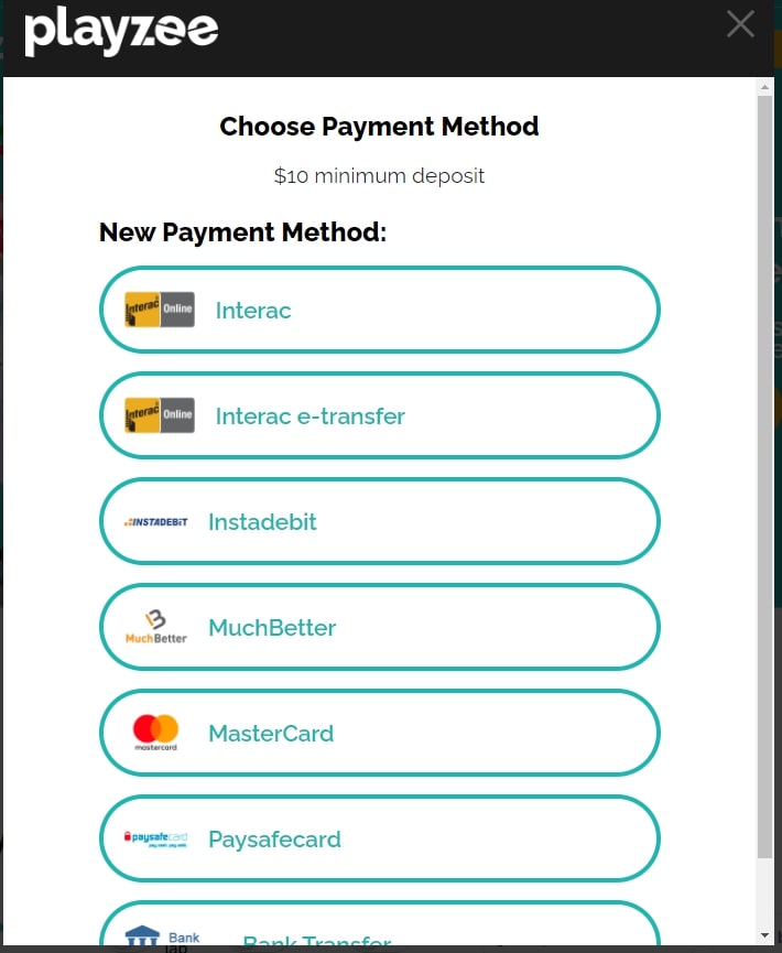 Playzee Casino cashier screen