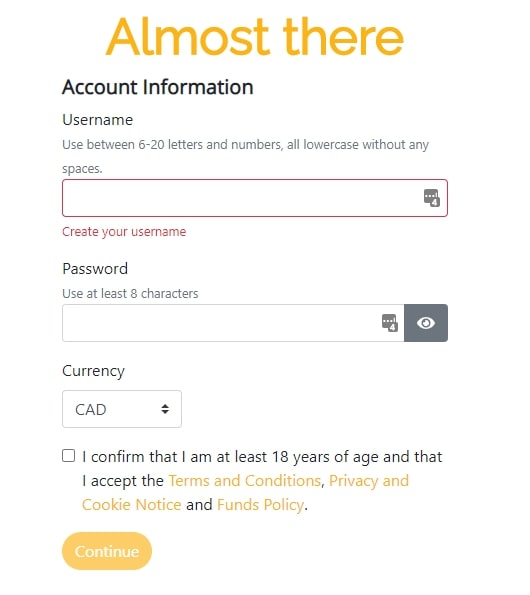 Playzee Casino registration page 3