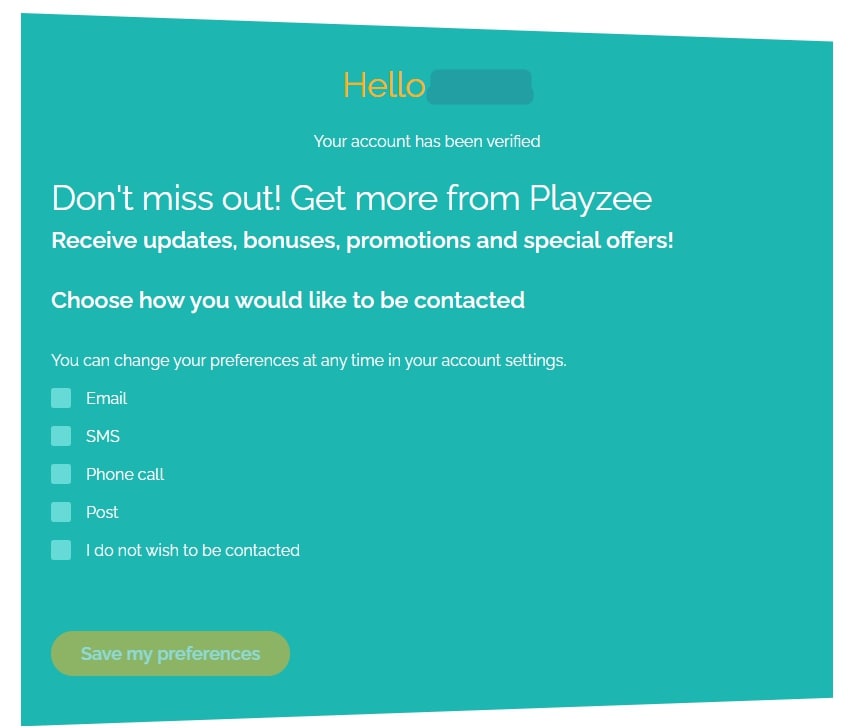 Playzee Casino registration page 6