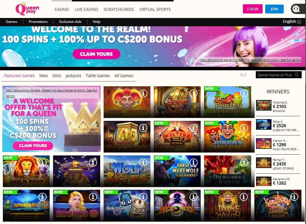 Queen Play Casino homepage