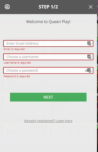 Queen Play Casino registration page