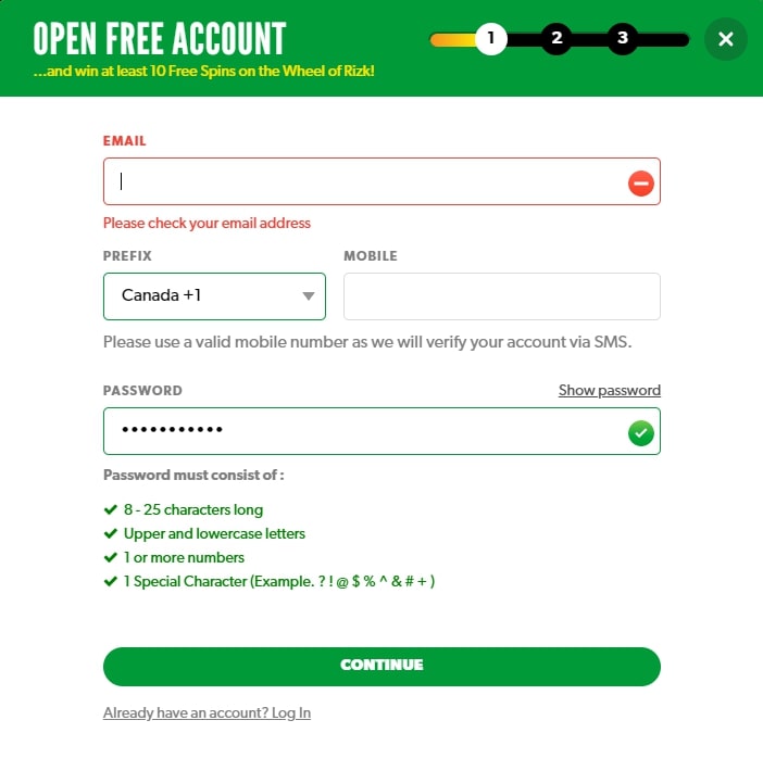 RIZK Registration Page Rizk Casino registration page