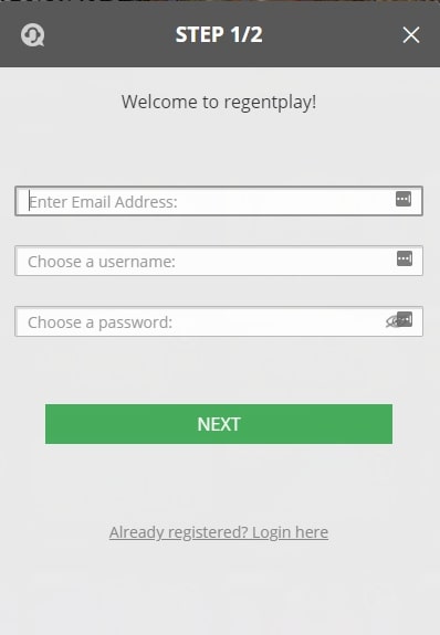 Regent Casino registration page