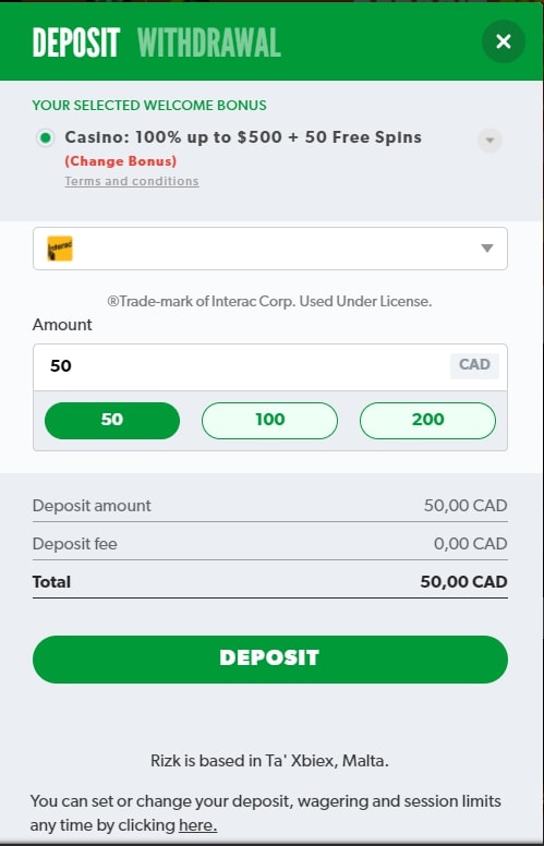 Rizk_Casino_cashier_screen Rizk Casino cashier screen