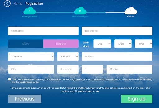 Sloty Casino Registration Page 2