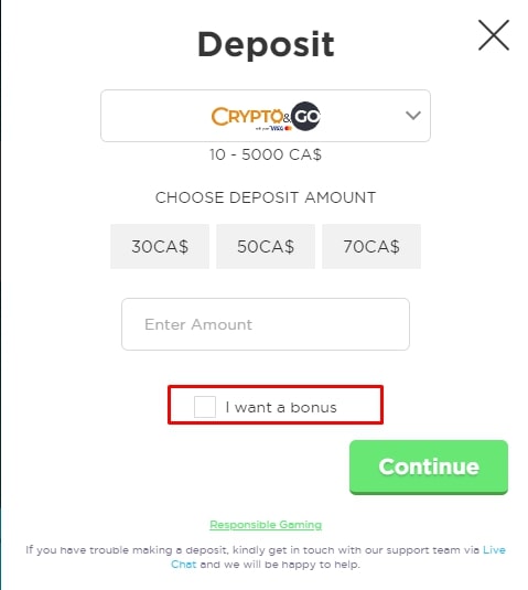 Spela Casino Cashier Screen