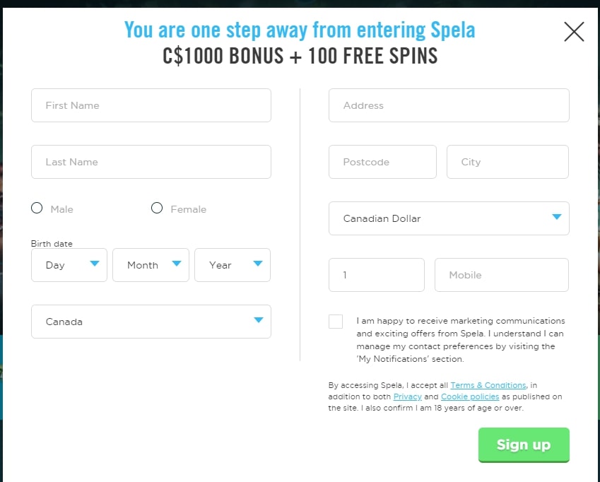 Spela Casino Registration page 2