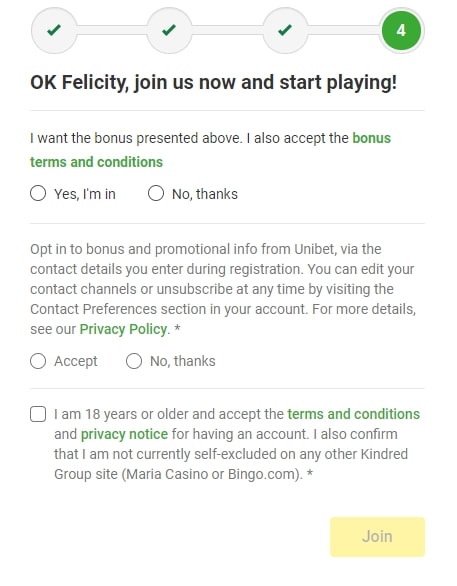 Unibet Casino registration page 4