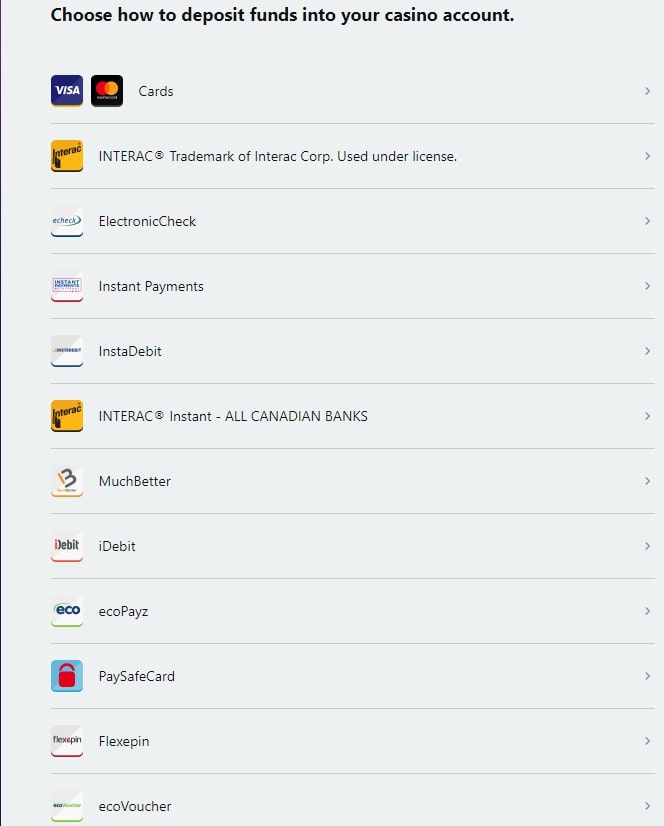 Zodiac Casino cashier screen
