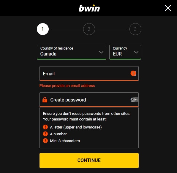 bwin Casino registration page