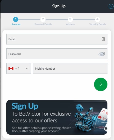 BetVictor Casino registration page