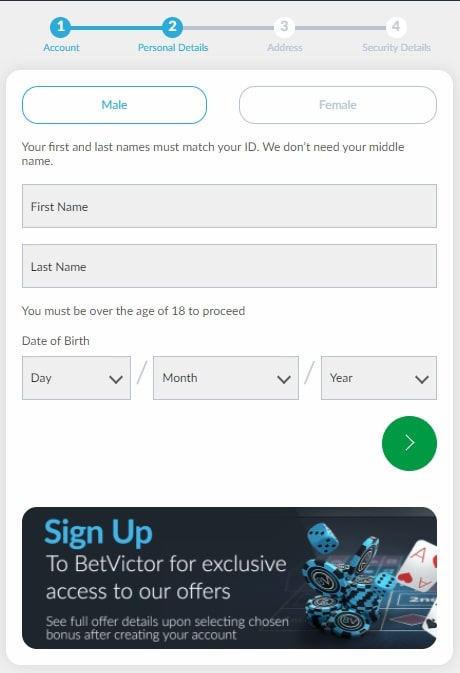 BetVictor Casino registration page 2