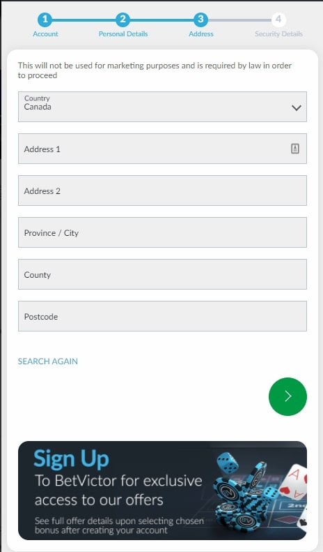 BetVictor Casino registration page 3