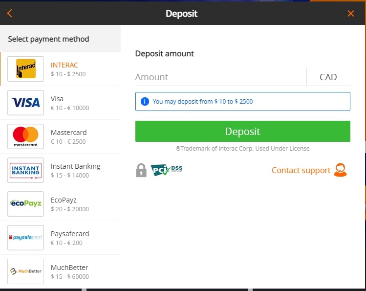 Betsson Casino cashier screen
