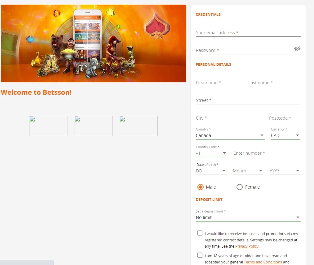 Betsson Casino registration page