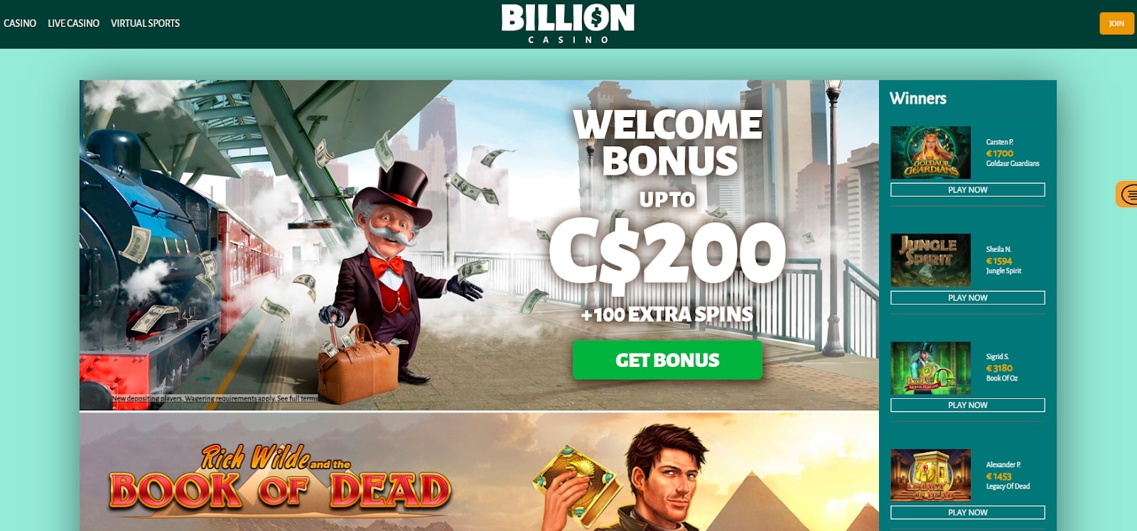 Billion Casino homepage