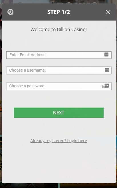 Billion Casino registration page