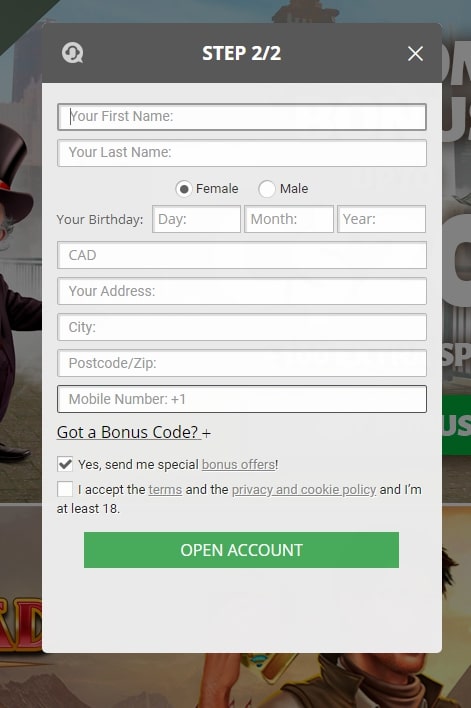 Billion Casino registration page 2