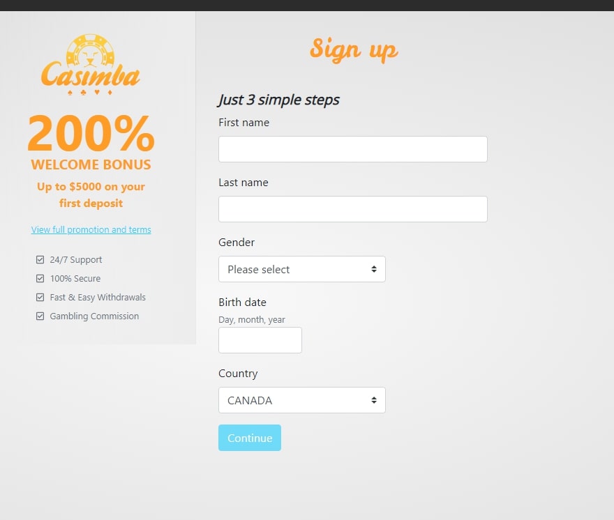 Casimba Casino registration page