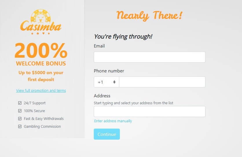 Casimba Casino registration page 2
