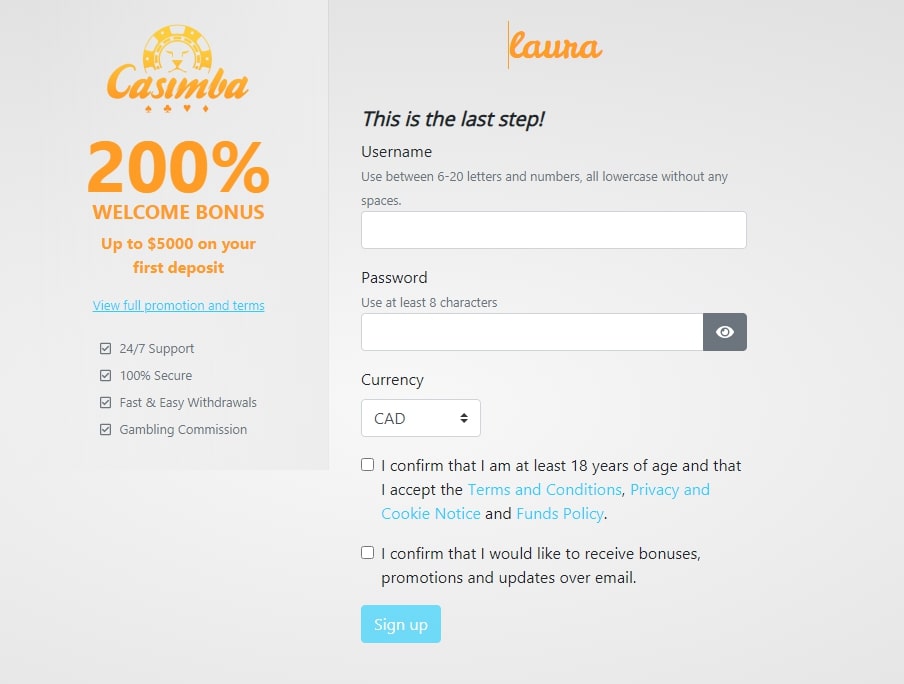Casimba Casino registration page 3