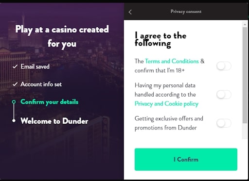 Dunder Casino registration page 9