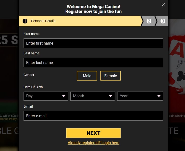 Mega Casino registration page