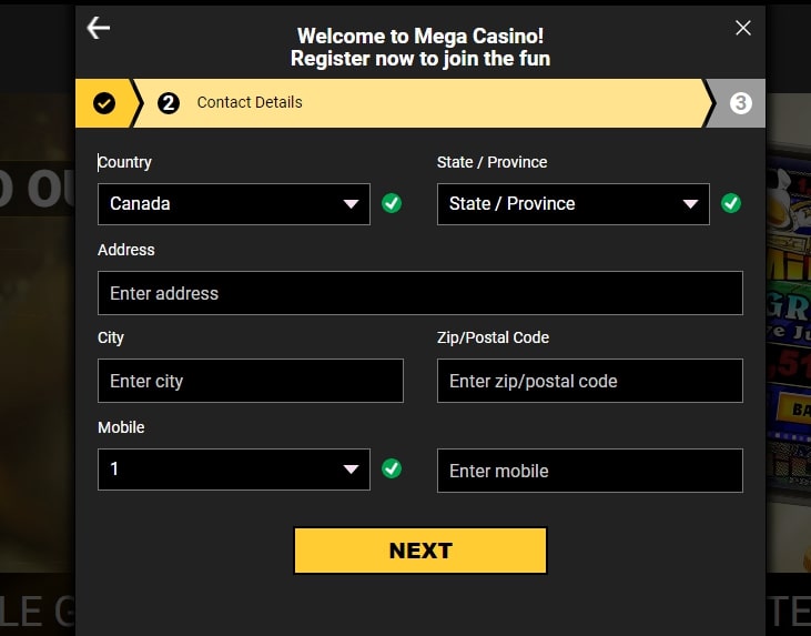 Mega Casino registration page 2