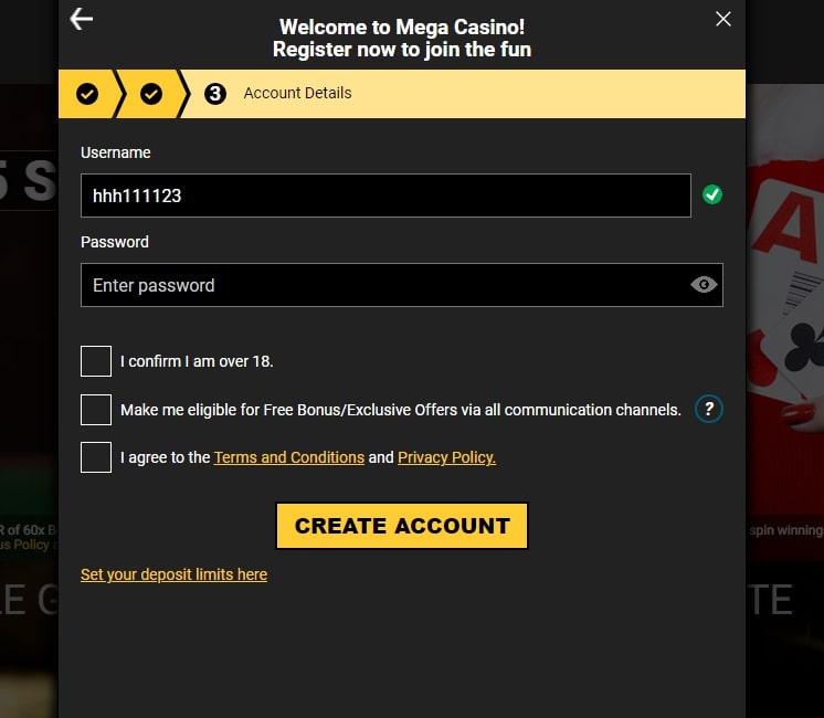 Mega Casino registration page 3