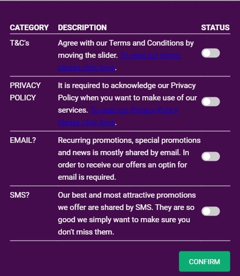 No Bonus Casino Confirmation Screen