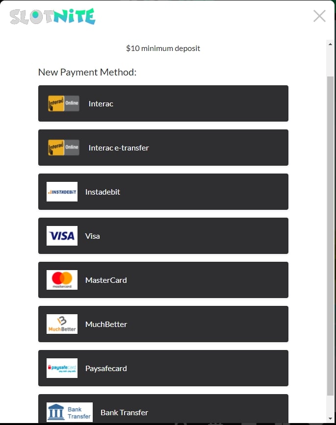 Slotnite Casino cashier screen