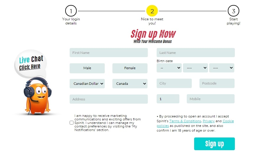 Spinit Casino registration page 2