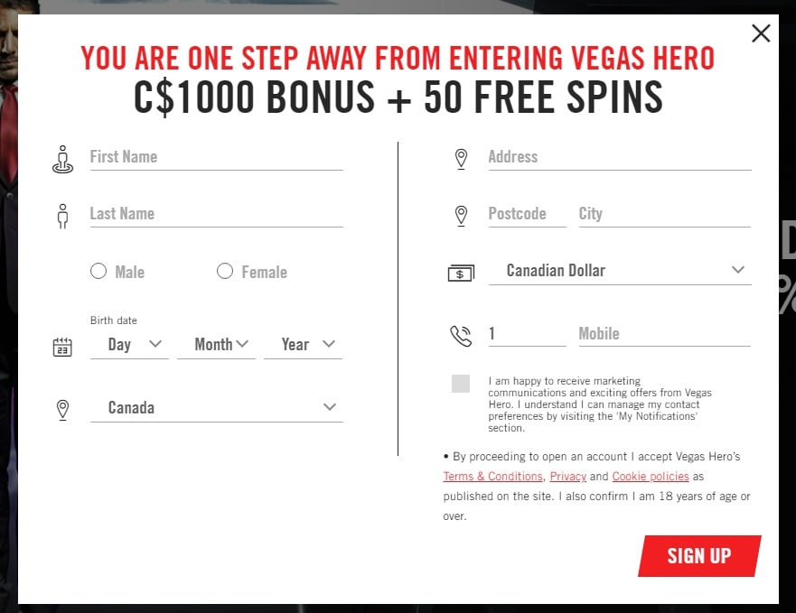 Vegas Hero Casino registration page 2