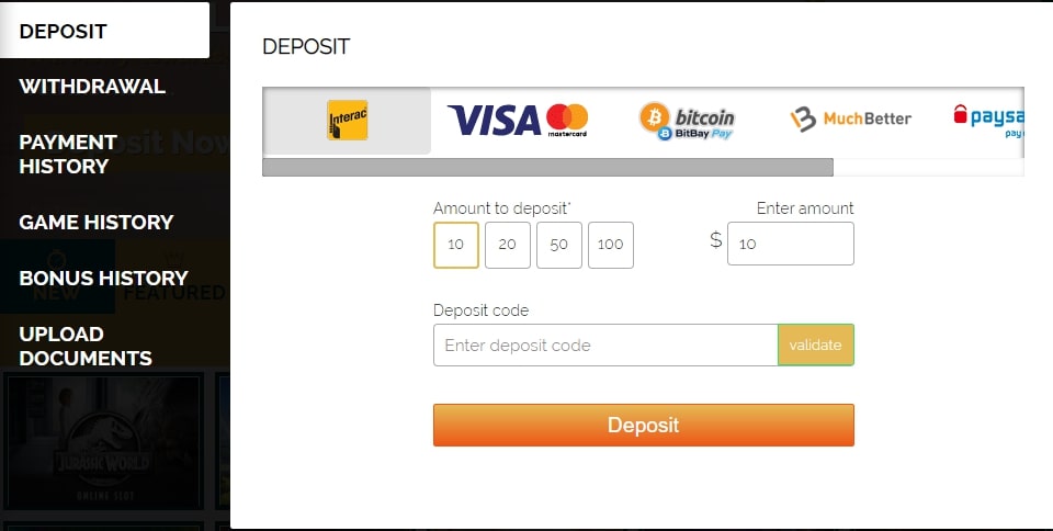 Wombat Casino cashier screen