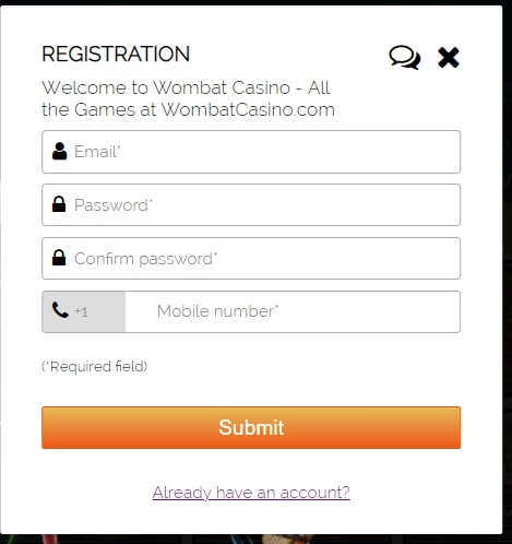 Wombat Casino registration page