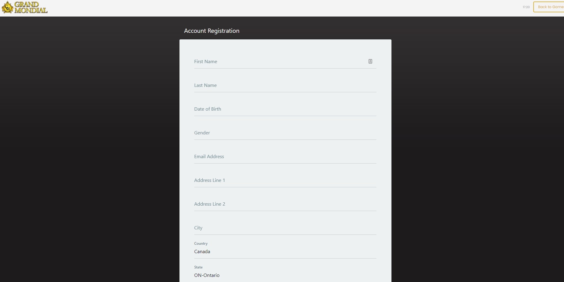 Grand Mondial Casino registration page